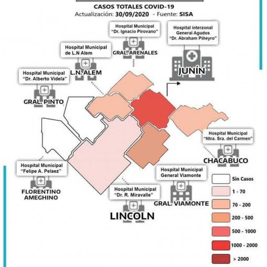 Mapa de contagios de los distritos de nuestra Región III, según rangos.