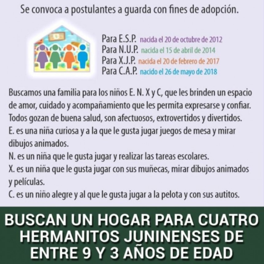 Buscan un hogar para cuatro hermanitos juninenses de entre 9 y 3 años de edad